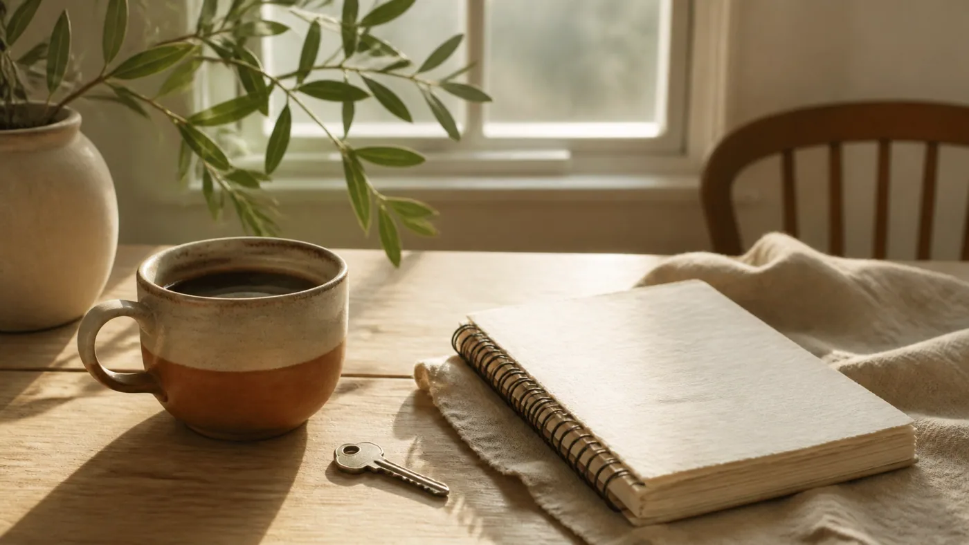 Coffee, a house key, and a blank notebook on a sunlit table