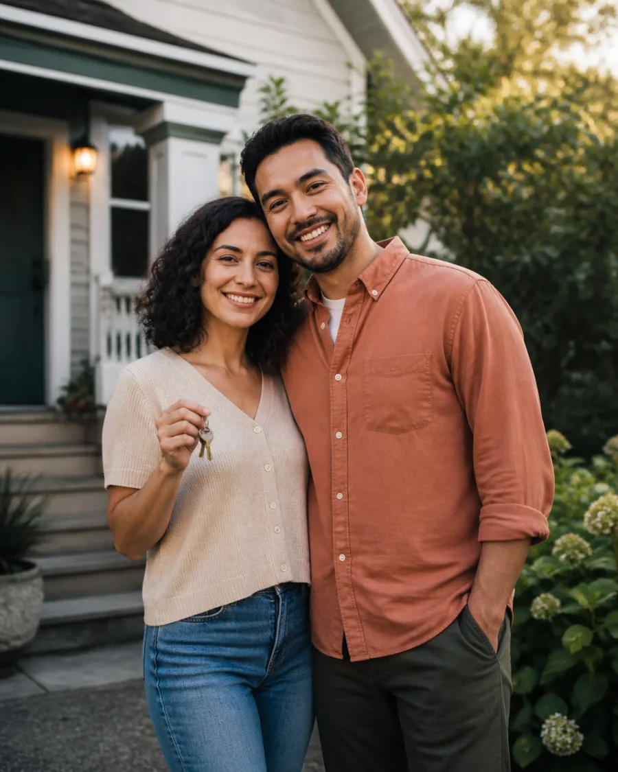 Happy couple standing together outside their new home